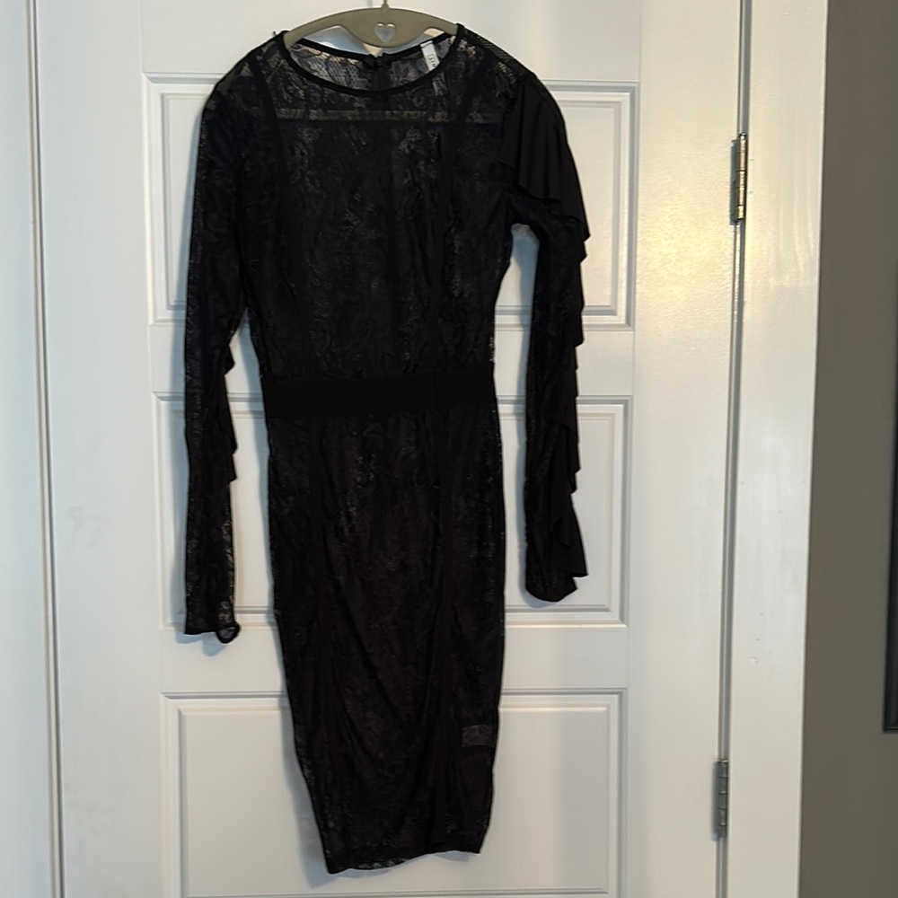 Black Cocktail Bodycon Dress with Long Bishop Sleeves